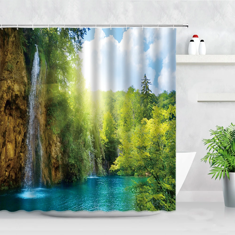 

Green Nature Landscape Shower Curtains Sunlight Waterfall Lake Plant Forest Scenery Modern Bathroom Decor Cloth Bath Curtain Set