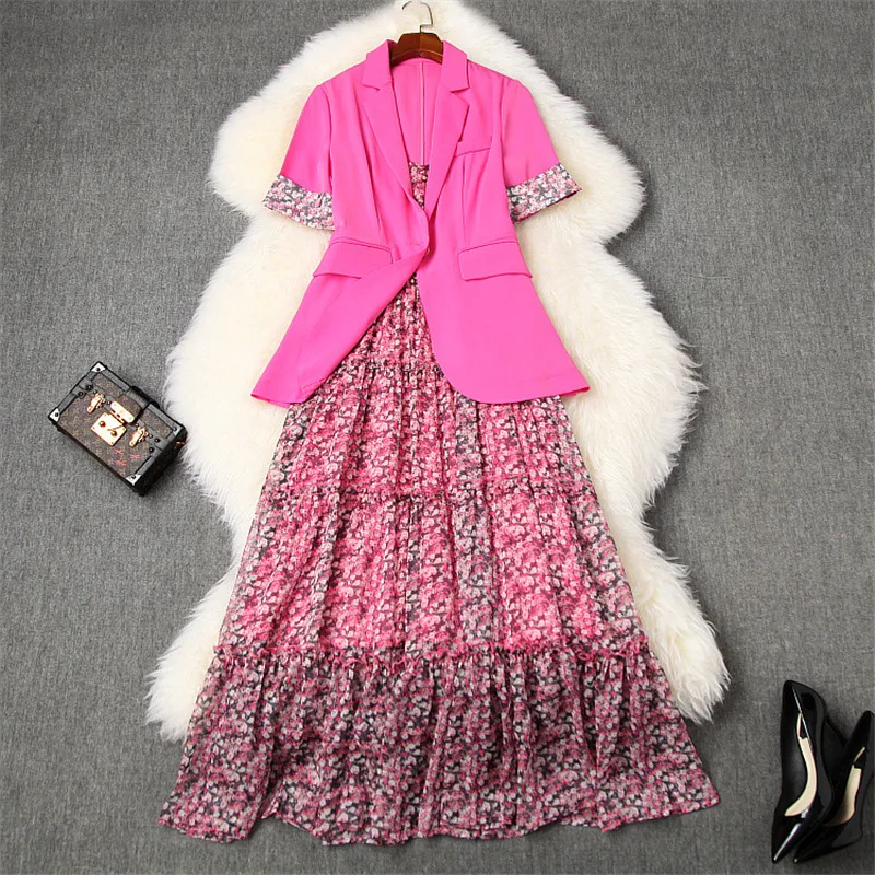 High Quality Designer Summer Dress Women Elegant Office Lady One Button Blazer+Floral Print Strap Chiffon Dress 2piece set
High Quality Designer Summer Dress Women Elegant Office Lady One Button Blazer+Floral Print Strap Chiffon Dress 2piece set