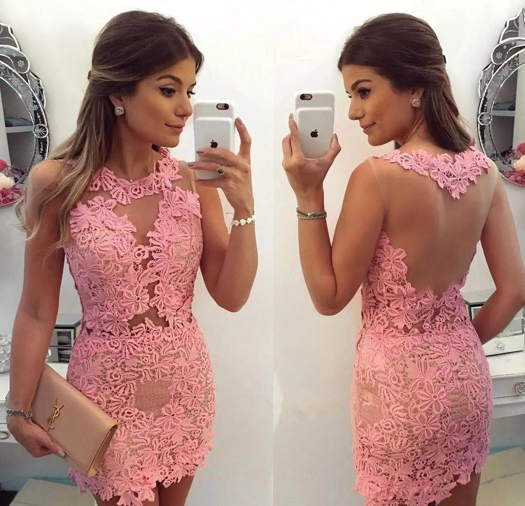 

Short Pink Lace Cocktail Dresses Sexy Illusion Back Sheer Neck See Through Fitted Semi-Formal Mini Party Dress for Girl