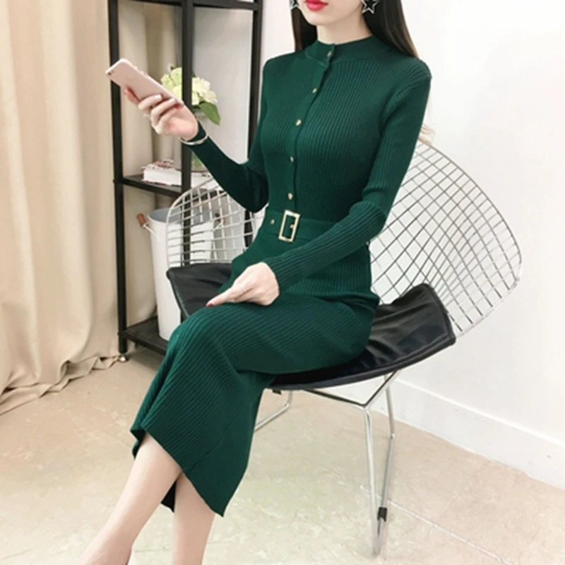 2020 Autumn Winter Elegant Single Breasted Women warm Sweater Dress O-neck Long Sleeve Stretch Knitted Dress with sashes 
2020 Autumn Winter Elegant Single Breasted Women warm Sweater Dress O-neck Long Sleeve Stretch Knitted Dress with sashes