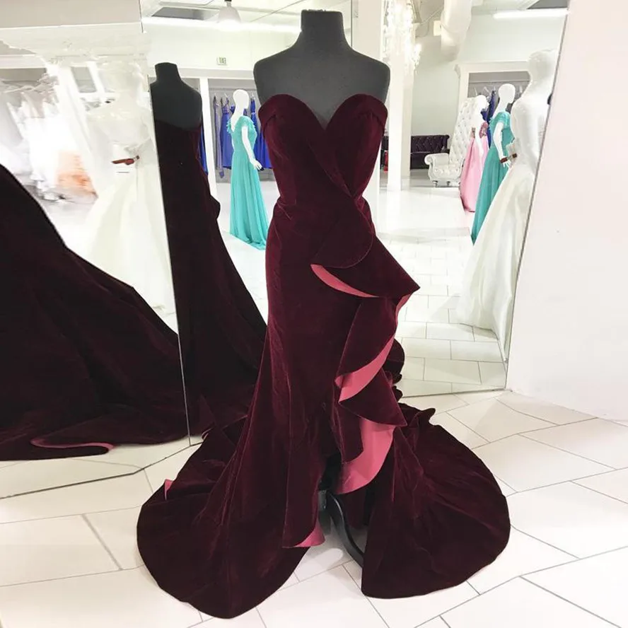 Burgundy Velour Meramid Prom Dresses Ruffles Long Prom Gowns Sexy Split Formal Party Dress Lace Up Robe De Soiree Longue 2021
Burgundy Velour Meramid Prom Dresses Ruffles Long Prom Gowns Sexy Split Formal Party Dress Lace Up Robe De Soiree Longue 2021