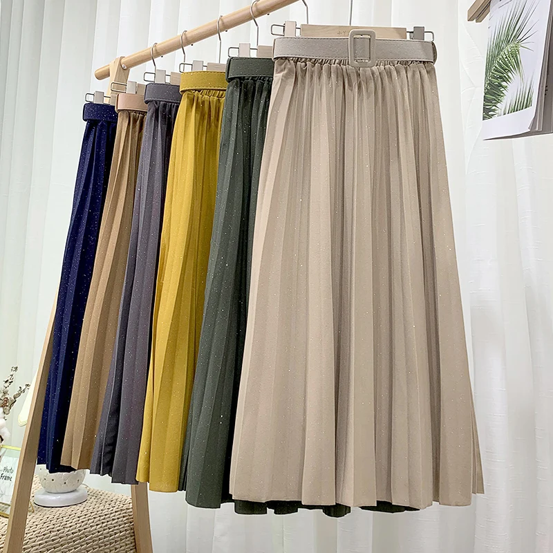 Autumn Long Pleated Skirts Belted A-line Metallic Calf Long Drape Skirts Mustard Green 
Autumn Long Pleated Skirts Belted A-line Metallic Calf Long Drape Skirts Mustard Green