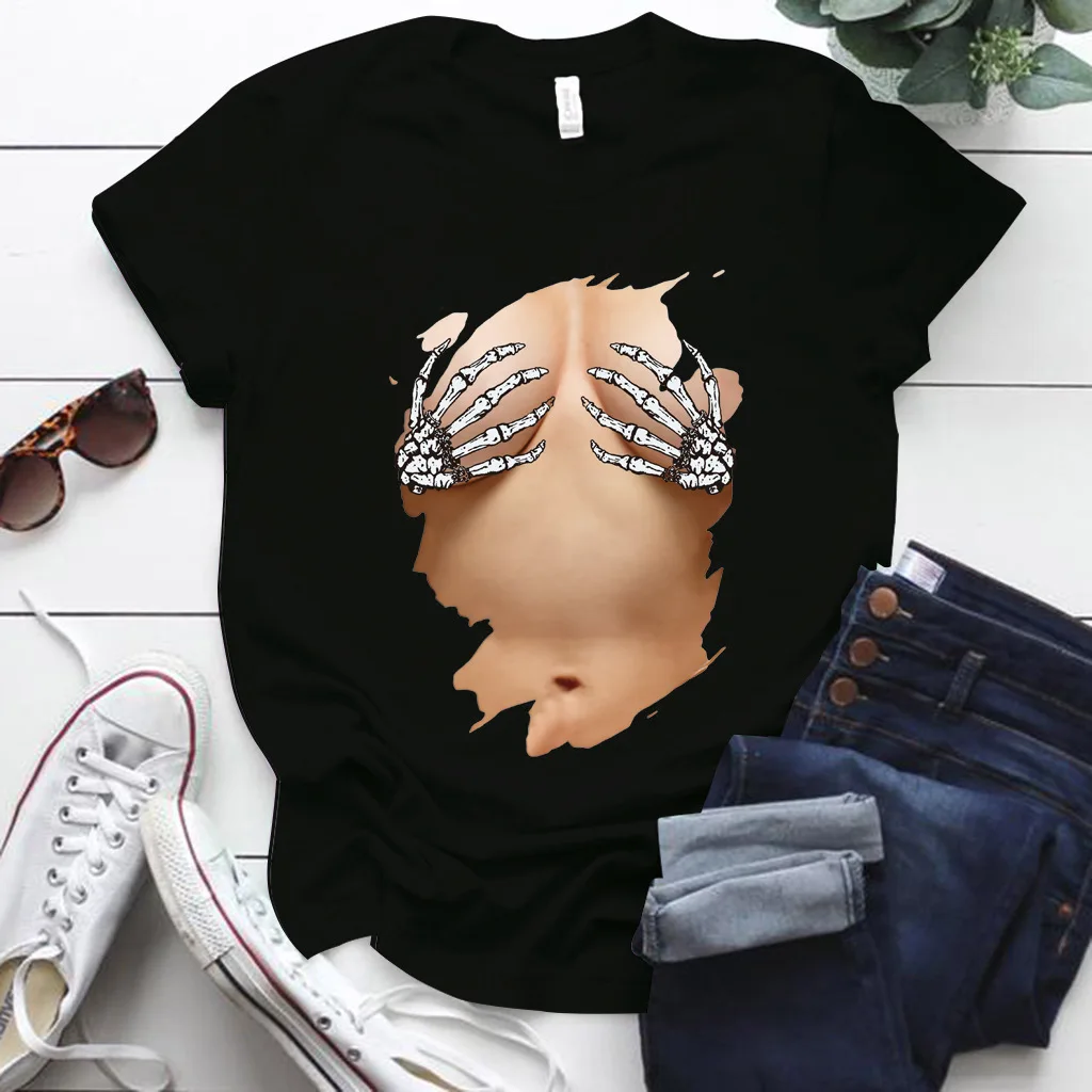 Забавный Скелет руки на груди принт Женская футболка с коротким рукавом и круглым вырезом, Свободная Женская футболка женская модные футбо... 
Забавный Скелет руки на груди принт Женская футболка с коротким рукавом и круглым вырезом, Свободная Женская футболка женская модные футбо...