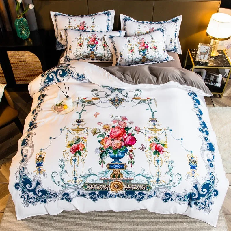 

400TC Cotton Sateen Vibrant Blossom Flowers Printed Duvet Cover Full Queen 4Pcs Luxury Soft Bedding Set Bed Sheet Pillowcases
