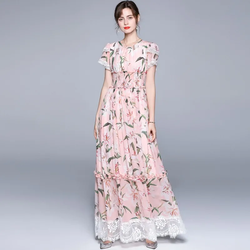 

Женское шифоновое платье макси, модельное розовое платье с цветочным принтом и кружевом в стиле пэчворк, элегантное пляжное платье в стиле ...