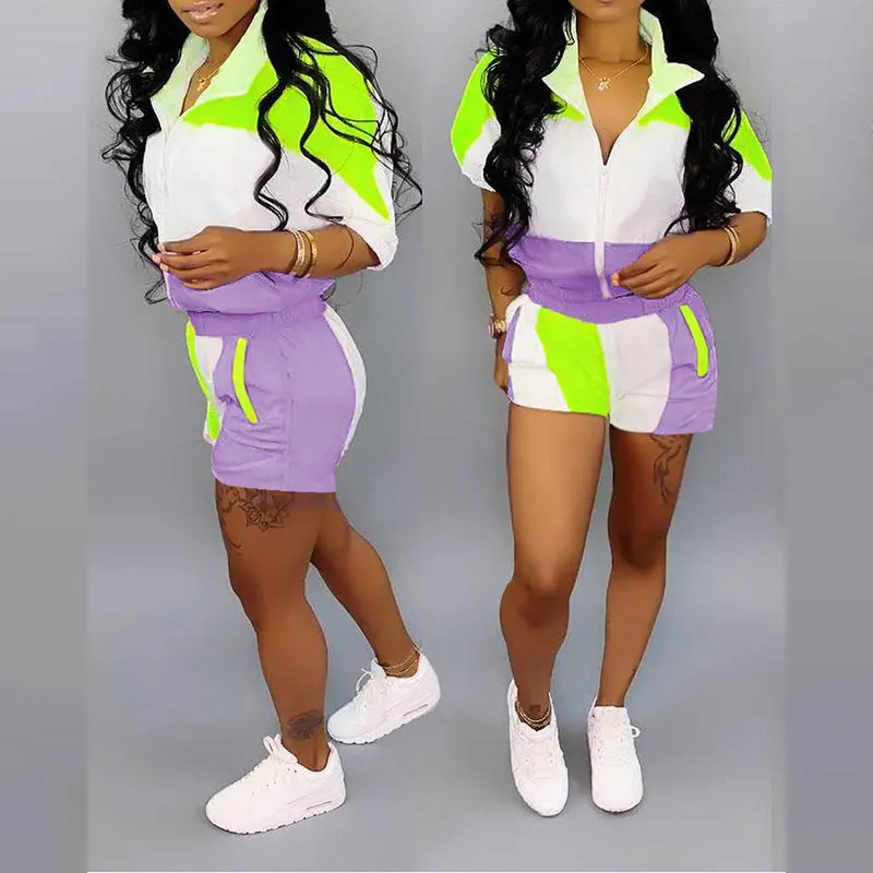 Sport Wear 2021 Summer Women Two Piece Suit Sets Oversize Short Sleeve Colorblock Zipper Design Top & Pocket Design Shorts Set
Sport Wear 2021 Summer Women Two Piece Suit Sets Oversize Short Sleeve Colorblock Zipper Design Top & Pocket Design Shorts Set