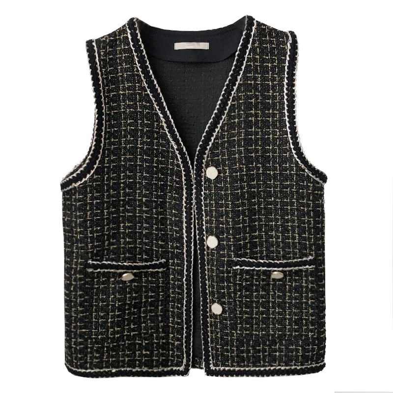 Spring Short Plaid Gold Silk Vest V-Neck Single-Breasted High Quality Knitted Office Lady Open Stitch Classical Woolen Clothes
Spring Short Plaid Gold Silk Vest V-Neck Single-Breasted High Quality Knitted Office Lady Open Stitch Classical Woolen Clothes