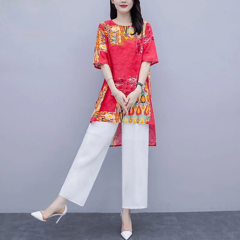 Women 2021 Summer New Two-piece Sets Female Fashion Printed Casual O-neck Tops Ladies Solid Color Wide-leg Pants Suits K93
Women 2021 Summer New Two-piece Sets Female Fashion Printed Casual O-neck Tops Ladies Solid Color Wide-leg Pants Suits K93