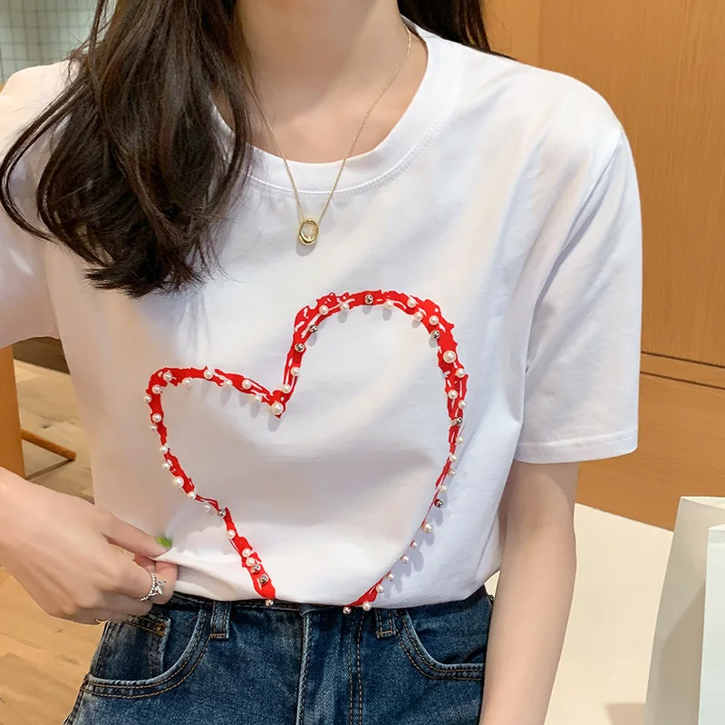Korean Fahsion Beading Casual T Shirt Women All Match Short Sleeve Camisetas De Mujer Cotton Round Neck Tee Shirt Femme Clothing
Korean Fahsion Beading Casual T Shirt Women All Match Short Sleeve Camisetas De Mujer Cotton Round Neck Tee Shirt Femme Clothing