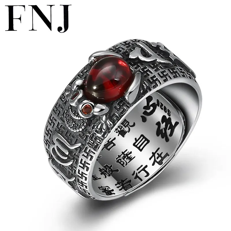 

FNJ 925 Silver Rings Adjustable Size Open Popular Pixiu Toad Red Stone S925 Solid Thai Silver Ring for men Jewelry Fine