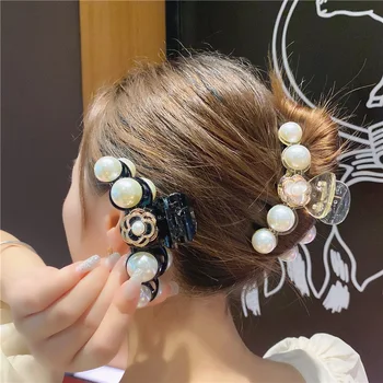 10.5CM Korean Acrylic Pearl Hair Clamp Crab Headdress Fashion Elegant Camellia Pearl Crown Hair Accessories Hairgrips Wholesale