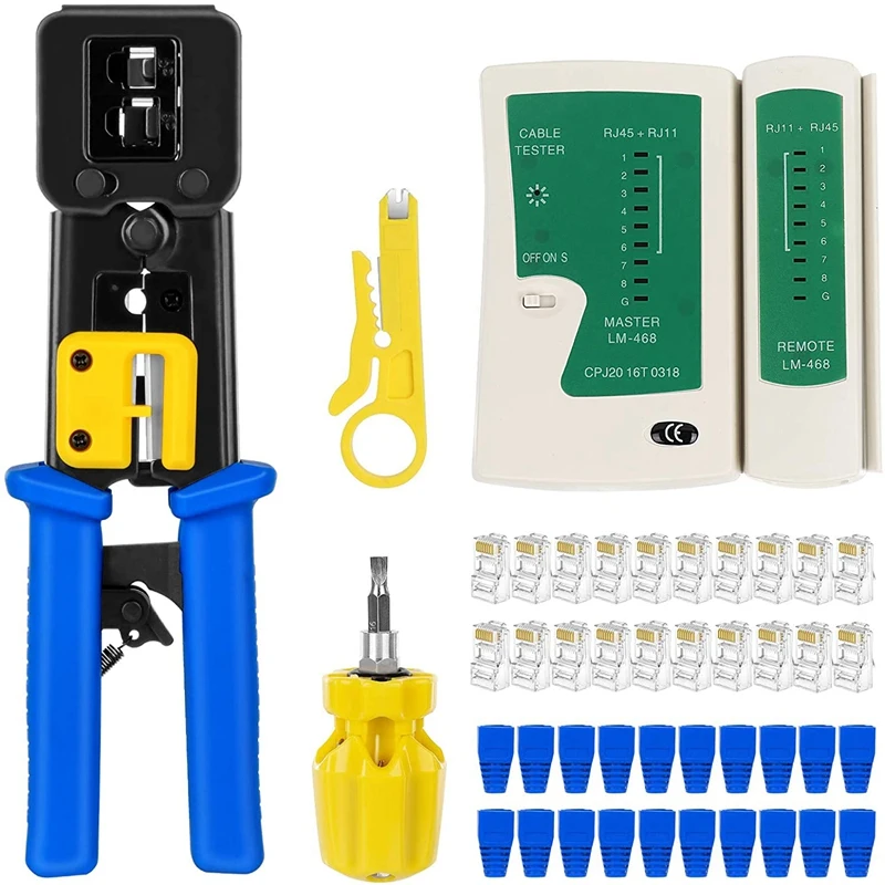 RJ45 Crimp Tool Kit Pass Thru Cat5 Cat5E Cat6 RJ45 Crimping Tool with 20PCS RJ45 Cat6 Pass Through Connectors and Covers
RJ45 Crimp Tool Kit Pass Thru Cat5 Cat5E Cat6 RJ45 Crimping Tool with 20PCS RJ45 Cat6 Pass Through Connectors and Covers