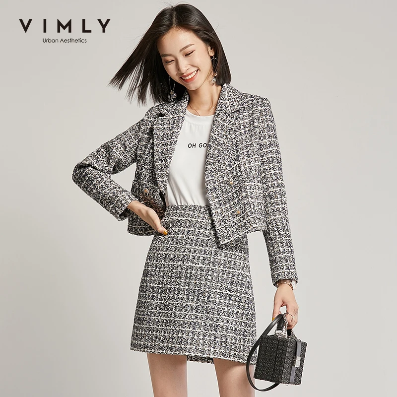 Женская одежда Vimly элегантный офисный твидовый пиджак с лацканами высокой талией