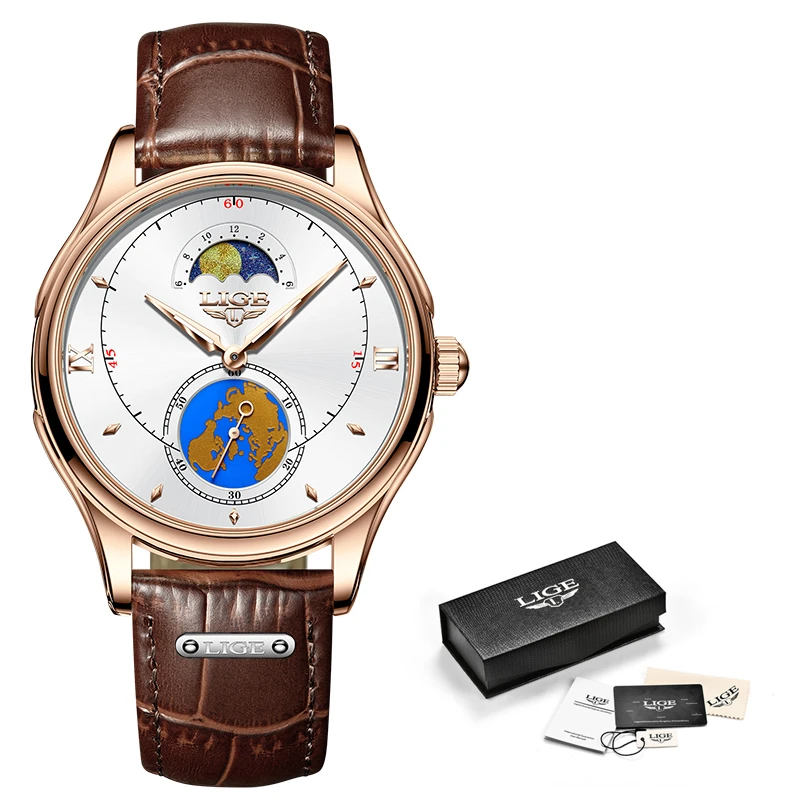 Новинка 2021 LIGE модные кожаные мужские часы Топ бренд Роскошные Кварцевые Золотые