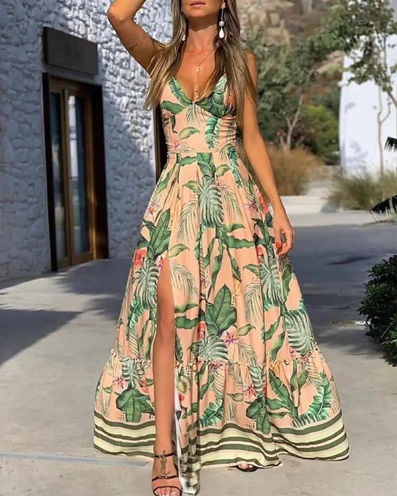 Tropical Print Slit Maxi Dress v-neck print waist slit large swing long dress summer
Tropical Print Slit Maxi Dress v-neck print waist slit large swing long dress summer