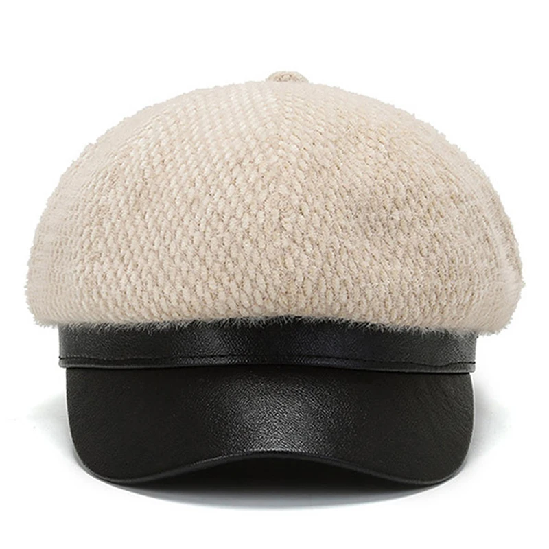 

Восьмиугольная шляпа женская зимняя британская французская ретро модная кепка газетчика с кожаными полями женский берет в британском стил...