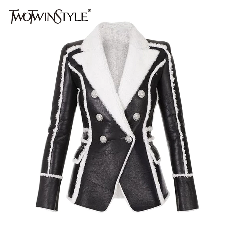 TWOTWINSTYLE Patchwork Cotton PU Lrather Blazer For Women Notched Long Sleeve Casual Blazers Female Fashion New Clothign Style
TWOTWINSTYLE Patchwork Cotton PU Lrather Blazer For Women Notched Long Sleeve Casual Blazers Female Fashion New Clothign Style