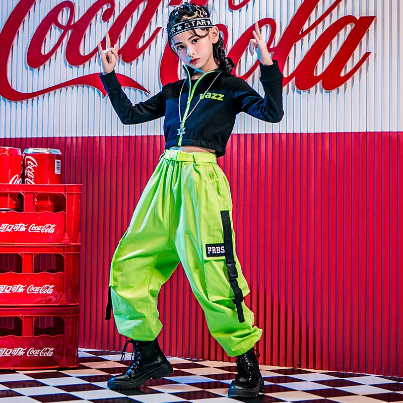 Children Hip Hop Clothes Girls Jazz Dance Costume Black Tops Green Pants Long Sleeve Street Dancing Outfit Stage Show 110-180CM
Children Hip Hop Clothes Girls Jazz Dance Costume Black Tops Green Pants Long Sleeve Street Dancing Outfit Stage Show 110-180CM