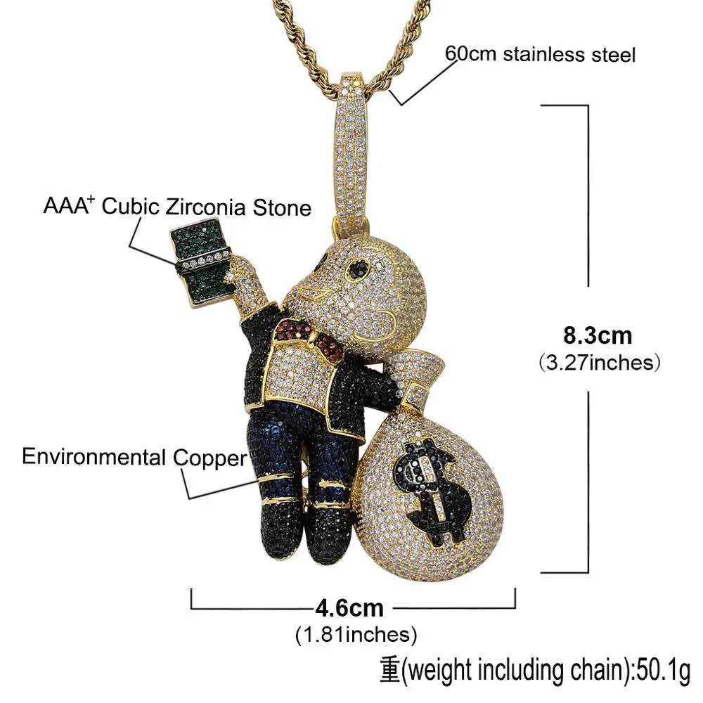 High Quality Brass CZ stones Cartoon Men Money Bag Necklace Hip hop pendant Jewelry Bling Bling Iced Out
High Quality Brass CZ stones Cartoon Men Money Bag Necklace Hip hop pendant Jewelry Bling Bling Iced Out