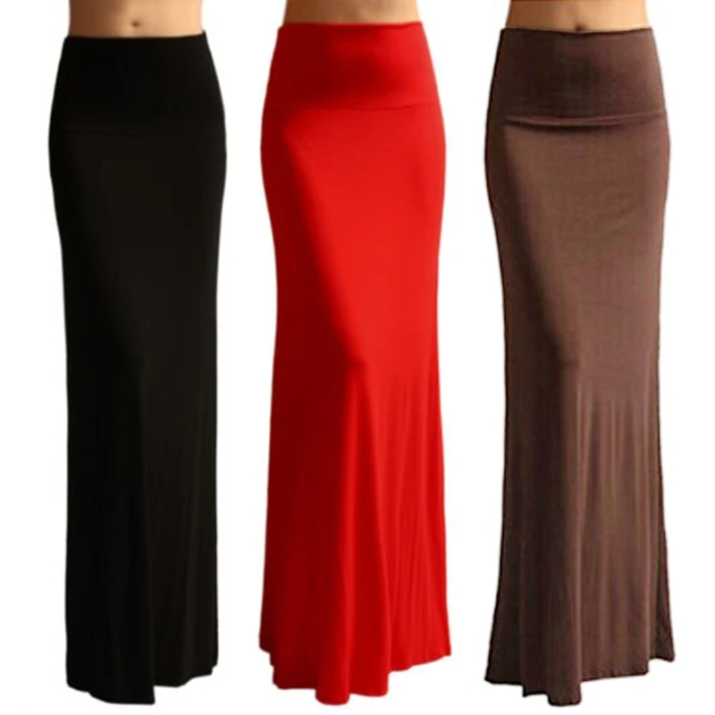 Ladies Women High Waist Flare Fishtail Maxi Long Skirt Solid Color Pleated Package Hip Evening Beach Party A-Line Pencil Dress