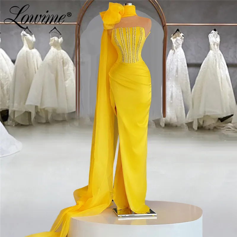 

Lowime Yellow Mermaid Evening Dresses 2021 Strapless Party Pageant Gowns Crystals Long Robe De Soirée De Mariage Prom Dresses