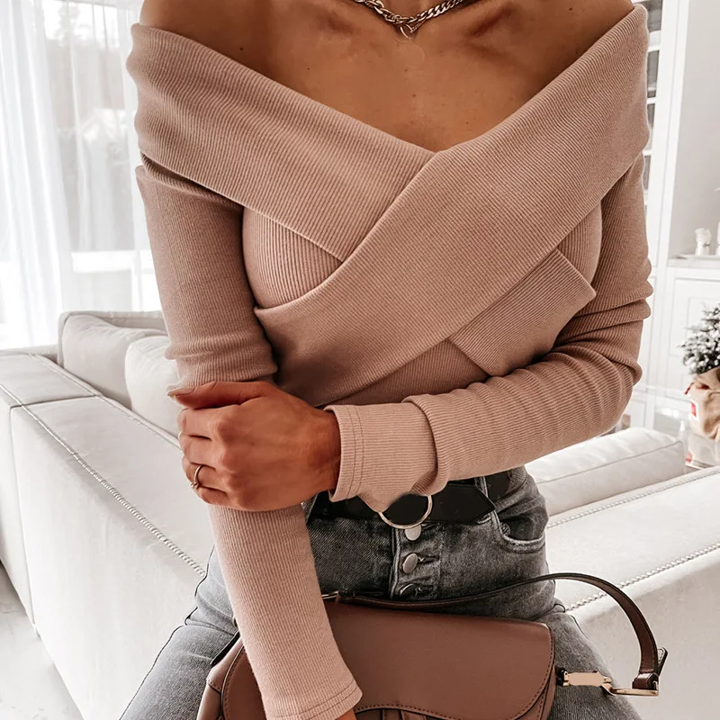 Sexy Women T Shirt Deep V Neck Off Shoulder Cross Collar Long Sleeve Slim Pullover Brown Black Design Streetwear French Tops
Sexy Women T Shirt Deep V Neck Off Shoulder Cross Collar Long Sleeve Slim Pullover Brown Black Design Streetwear French Tops