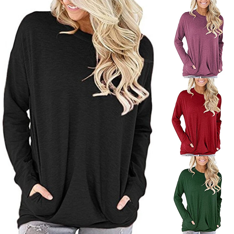 Женский свитшот с длинным рукавом, Повседневный пуловер, свободная туника, Женская Осенняя блуза с карманом, H9 
Женский свитшот с длинным рукавом, Повседневный пуловер, свободная туника, Женская Осенняя блуза с карманом, H9