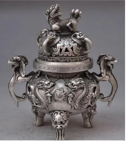 

Copper Statue Chinese buddhist manual old silver copper dragon lion statues incense burner