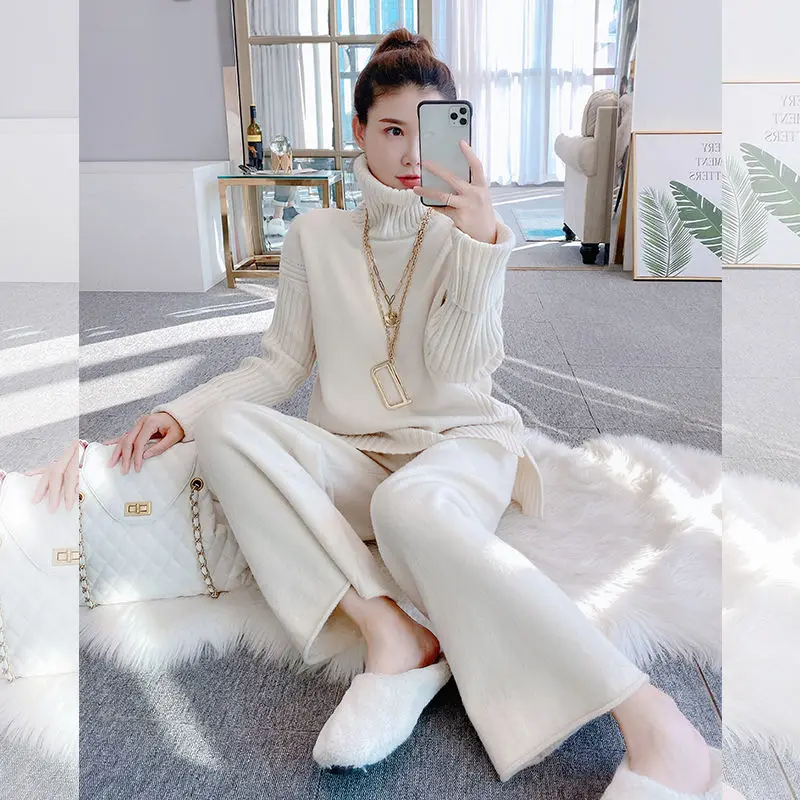 2020 Winter 2 Pieces Set Women Knitted Tracksuit Turtleneck Sweater and Knit Wide Leg Pants Women Loose Female Pants Suit A53
2020 Winter 2 Pieces Set Women Knitted Tracksuit Turtleneck Sweater and Knit Wide Leg Pants Women Loose Female Pants Suit A53