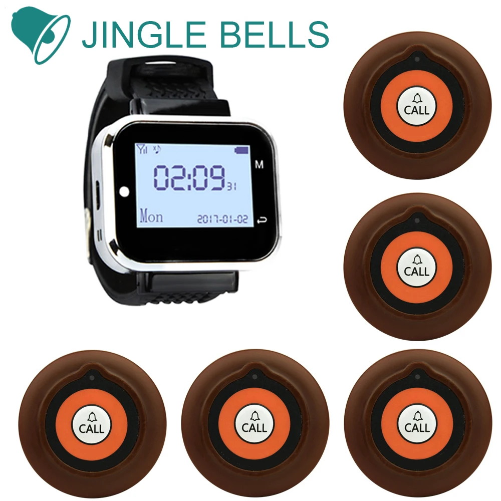 

JINGLE BELLS 5 Calling Buttons 1 Watch Receiver Buzzer Service Call Bells Wireless Restaurant Pager Guest Calling Systems