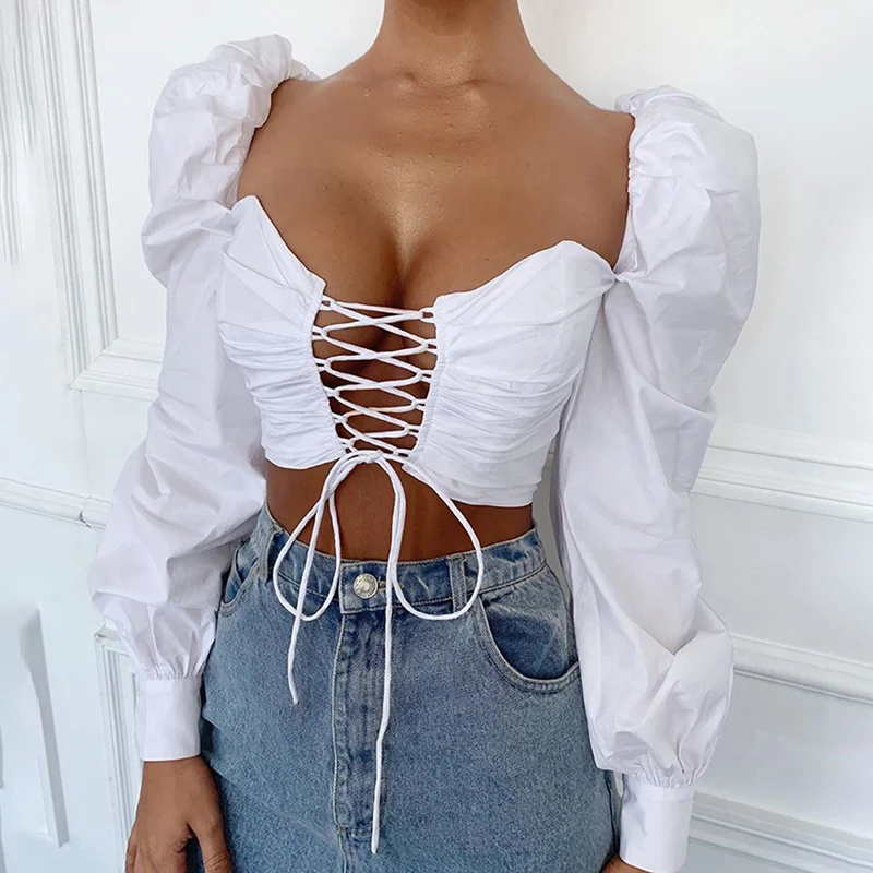 Kayotuas Women Blouse Ladies Puff Sleeve Tops White Shirts Sexy Solid Hollow Out Lace-Up Slim Fit Hot Bandage Short Streetwear
Kayotuas Women Blouse Ladies Puff Sleeve Tops White Shirts Sexy Solid Hollow Out Lace-Up Slim Fit Hot Bandage Short Streetwear