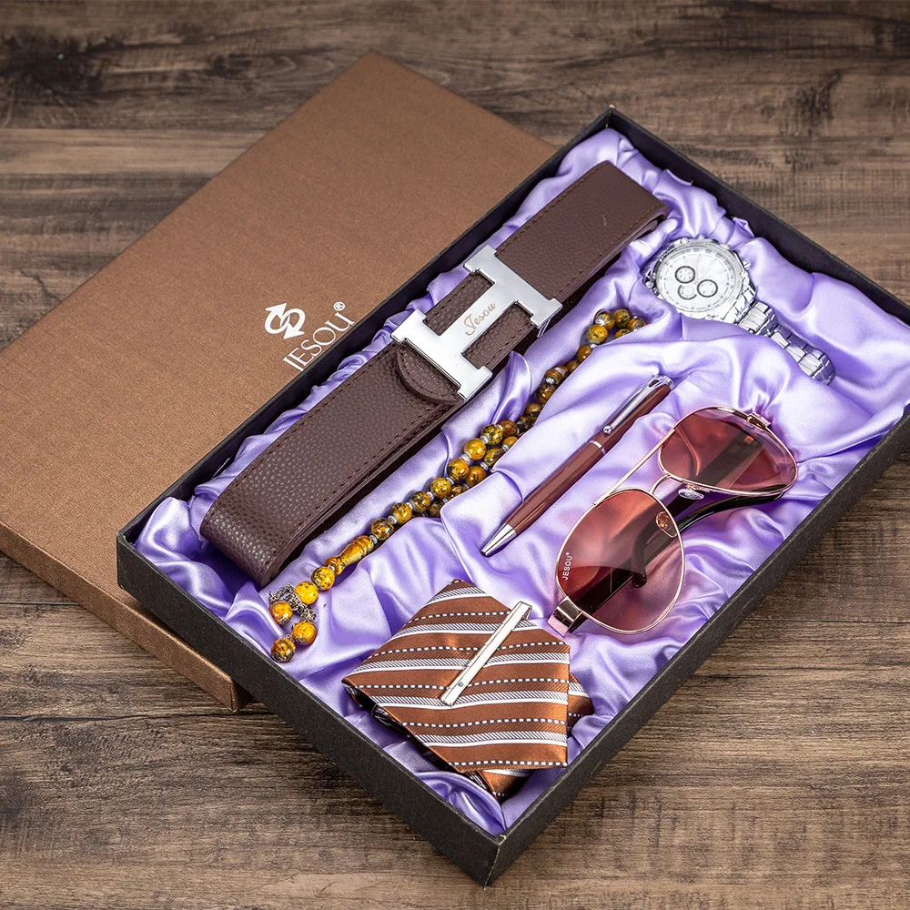 

Purple Waterproof Wristwatch Men's Gift Set Beautifully Packed Watch+Belt+Tie +Bracelet+ Sunglass+Pen Simple Set -6pes/set