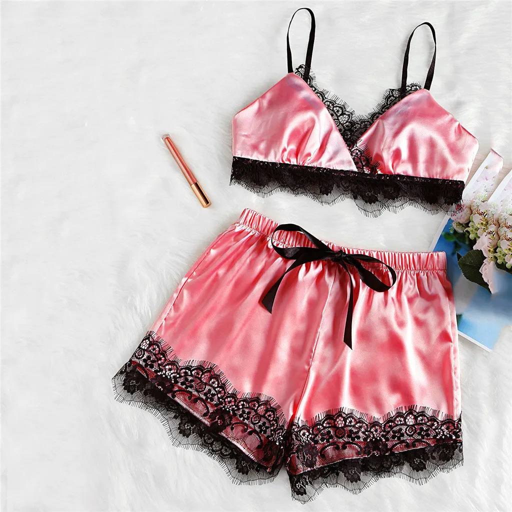 Женские брендовые комплекты для сна модная атласная пижама с кружевом летняя