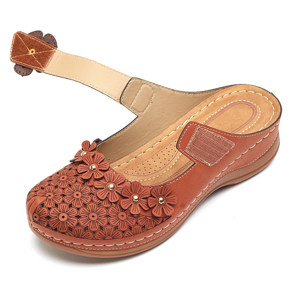 New Women's Sandals 2020 Summer Handmade Ladies Shoe Leather Floral Sandals Women Flats Retro Style Mother Shoes Size 35-43