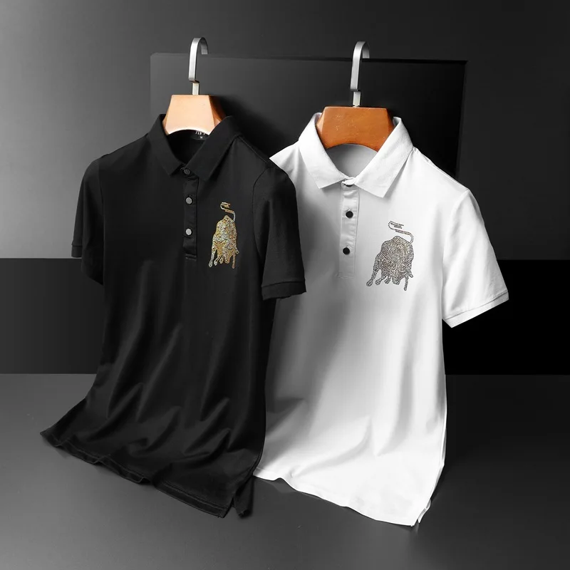 Summer new personality cow hot rhinestone cotton short-sleeved POLO shirt casual lapel half-sleeved men's T-shirt 
Summer new personality cow hot rhinestone cotton short-sleeved POLO shirt casual lapel half-sleeved men's T-shirt
