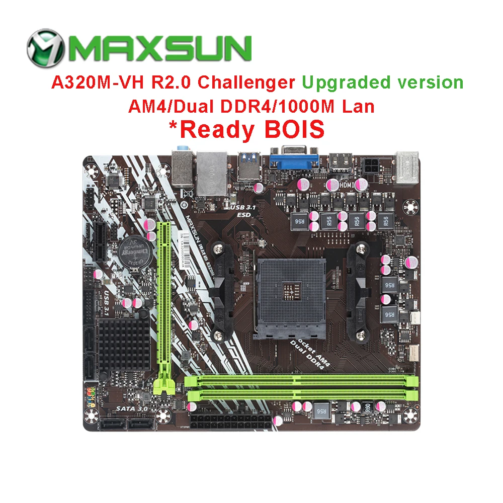 MAXSUN am4 Challenger a320m - VH R2.0 AMD Материнская плата mATX двухканальный DDR4 1000M LAN SATA3.0 USB3.1 VGA HDMI