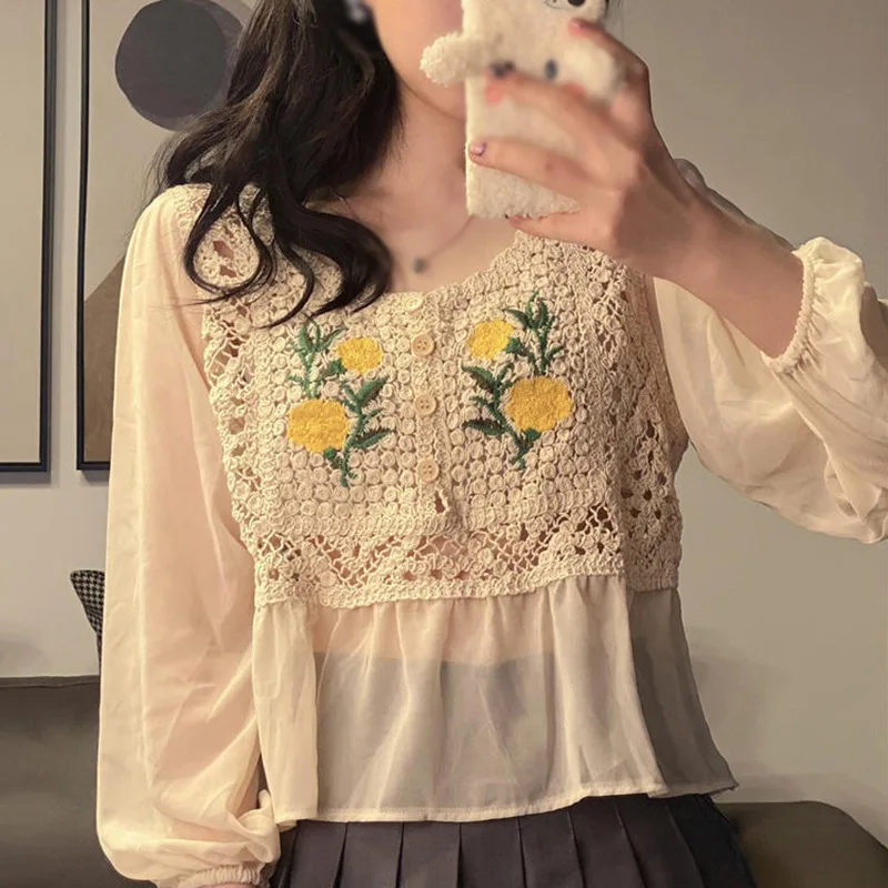 Summer V-Neck Embroidery Knitted Blouses Sweet Tops Women Floral Long Sleeve Button Blouse
Summer V-Neck Embroidery Knitted Blouses Sweet Tops Women Floral Long Sleeve Button Blouse