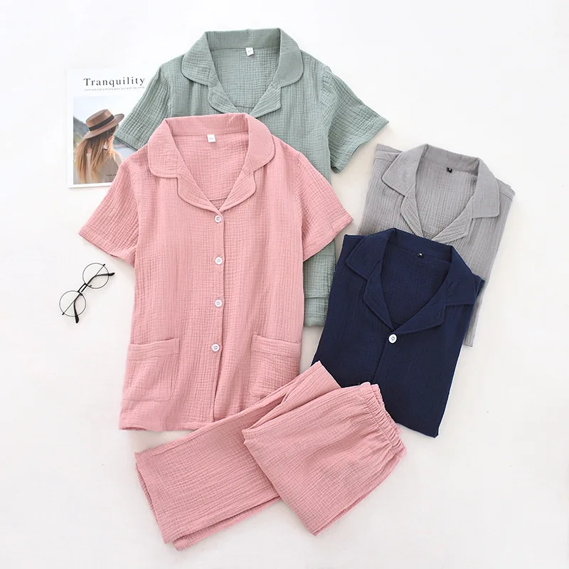 Summer Couple Pajamas Set Pure Cotton Crepe Pure Color Man/women Short Sleeve Sleepwear Trousers Thin Simple Casual Home Wear
Summer Couple Pajamas Set Pure Cotton Crepe Pure Color Man/women Short Sleeve Sleepwear Trousers Thin Simple Casual Home Wear