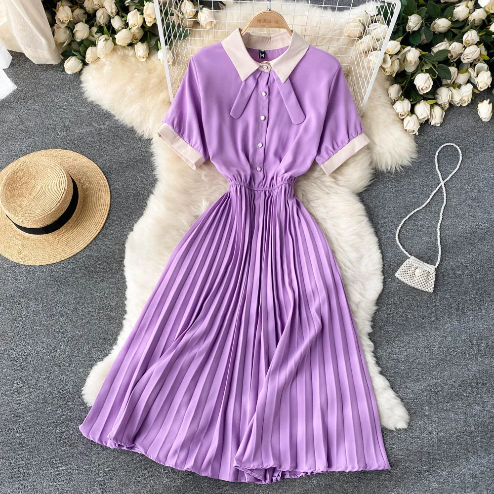 Summer Elegant OL A-line Long Dress Lapel Short Sleeved Tie Elastic Waist A-line Swing Pleated Calf Long Dress
Summer Elegant OL A-line Long Dress Lapel Short Sleeved Tie Elastic Waist A-line Swing Pleated Calf Long Dress