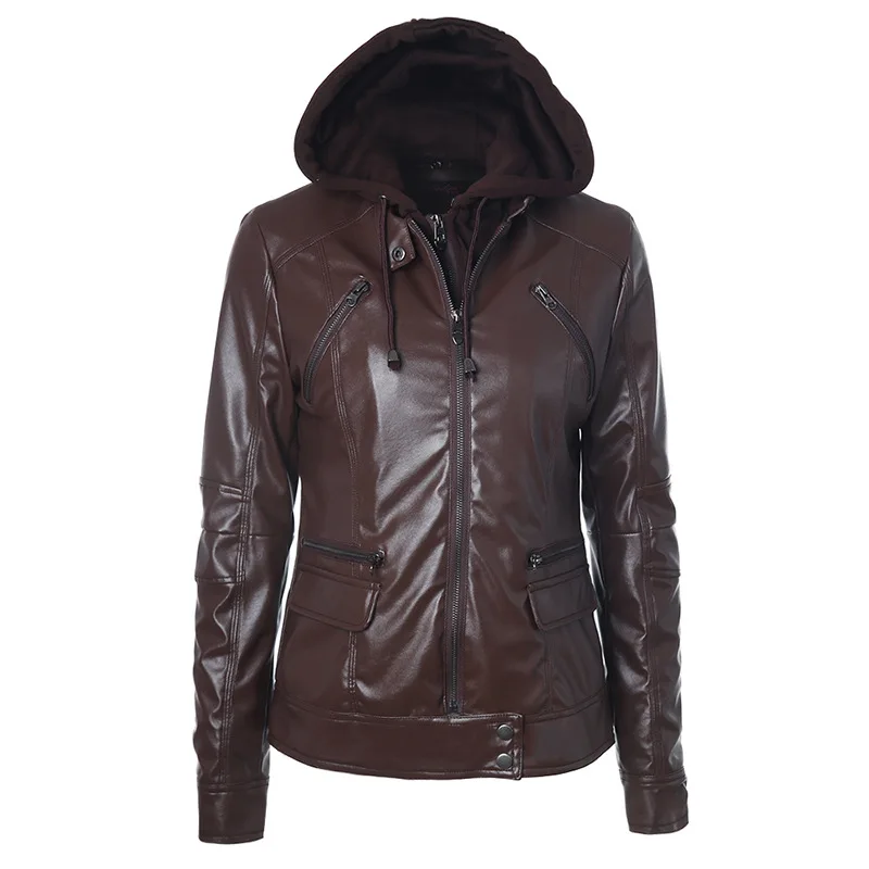 European Girl Style Detachable Hat with Drawstring Zipper Pocket PU Leather Motorcycle Jacket Women
European Girl Style Detachable Hat with Drawstring Zipper Pocket PU Leather Motorcycle Jacket Women