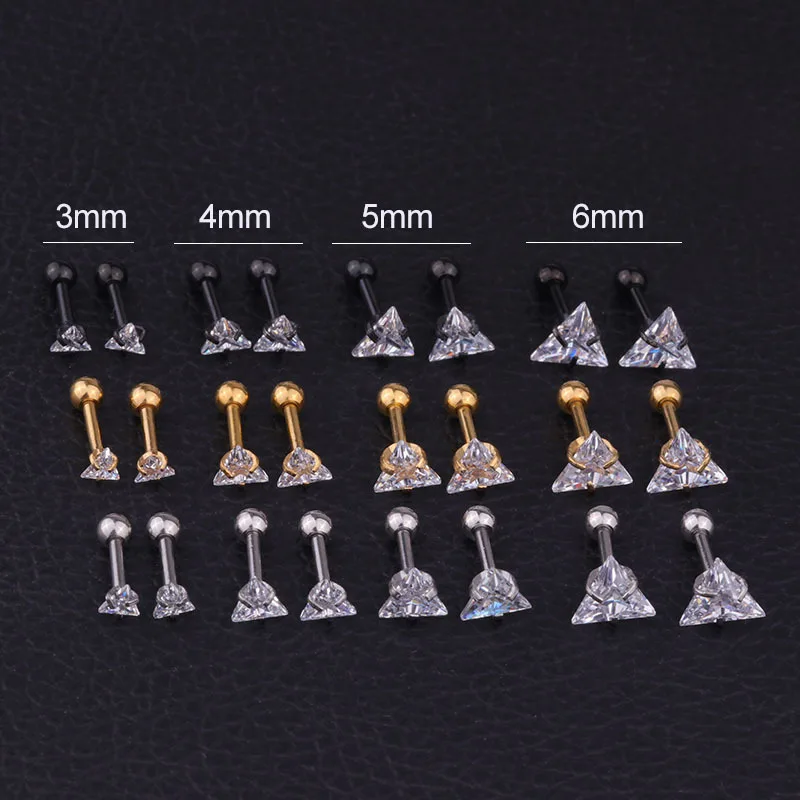 

316 Stainless Steel Screw-back Triangular Geometry Zircons Stud Earrings Golden IP Plating No Easy Fade Allergy Free