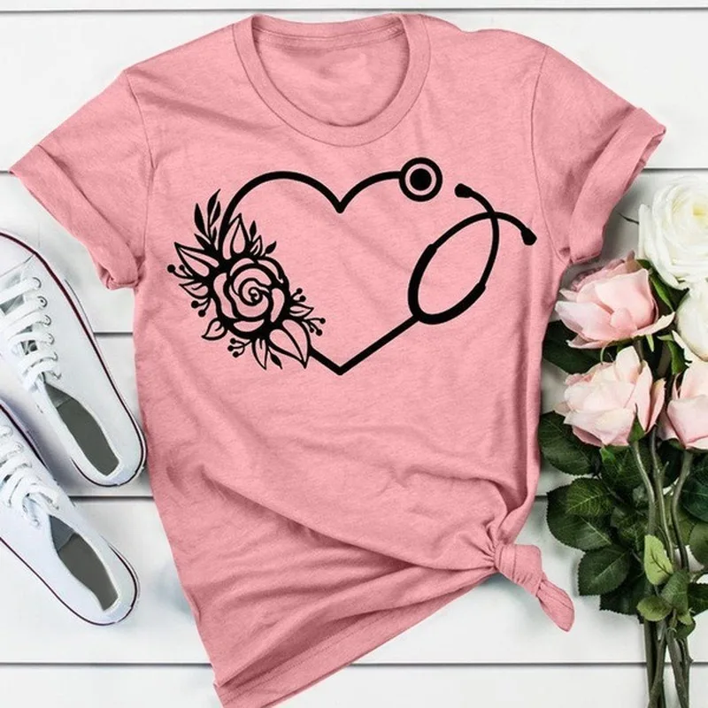 Rose Heart Stethoscope Print T Shirt Women Short Sleeve O Neck Loose Tshirt Summer Women Tee Shirt Tops Camisetas Mujer
Rose Heart Stethoscope Print T Shirt Women Short Sleeve O Neck Loose Tshirt Summer Women Tee Shirt Tops Camisetas Mujer