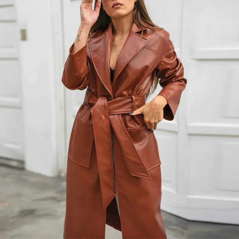 Elegant brown long leather coat with belt Faux pu leather coat jacket women Office ladies autumn winter trench coat 2021
Elegant brown long leather coat with belt Faux pu leather coat jacket women Office ladies autumn winter trench coat 2021