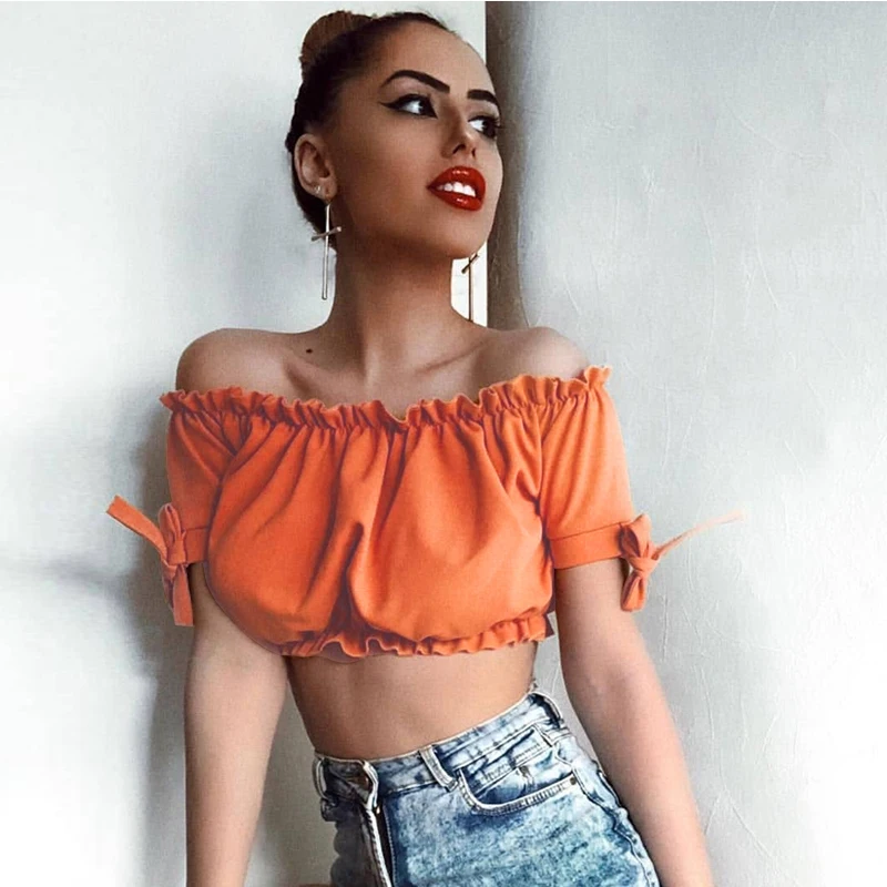 2019 Summer Sexy Crop Tops Slash Neck Short Shirt Women Tops And Blouses Plus Size Solid Bowknot Blusas Female Black Orange Red
2019 Summer Sexy Crop Tops Slash Neck Short Shirt Women Tops And Blouses Plus Size Solid Bowknot Blusas Female Black Orange Red