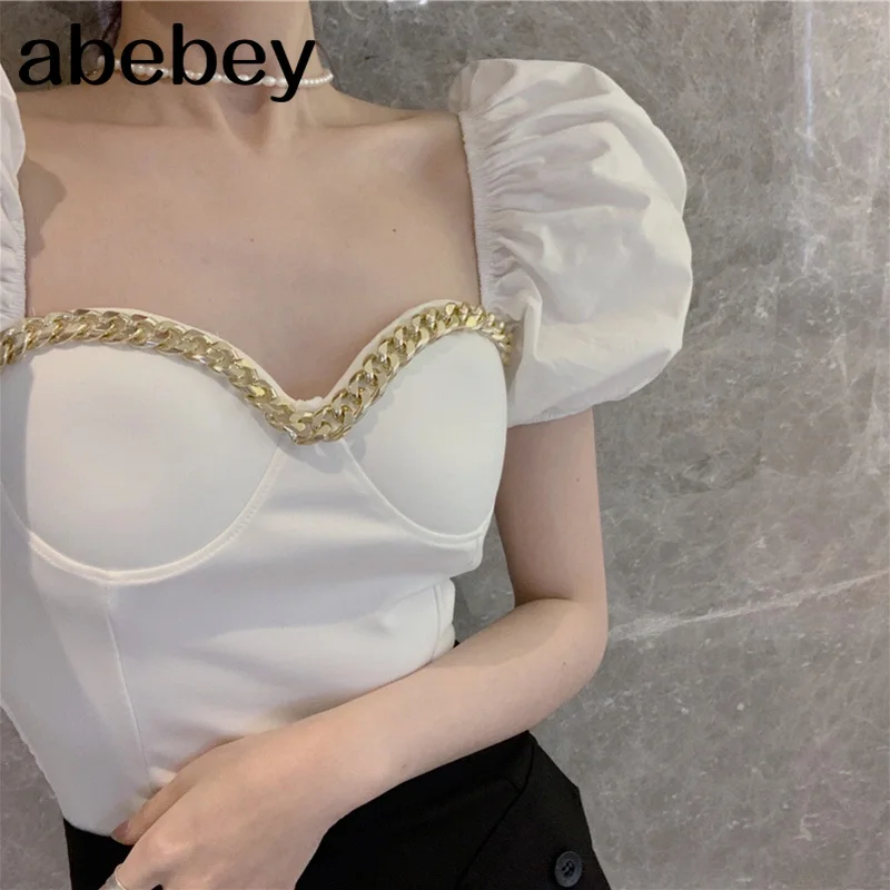2021 Metal Chain Puff Sleeve T Shirt Women Summer Fashion Square Collar Slim Fit Shirts Woman Elastic White Tee Ladiaes
2021 Metal Chain Puff Sleeve T Shirt Women Summer Fashion Square Collar Slim Fit Shirts Woman Elastic White Tee Ladiaes