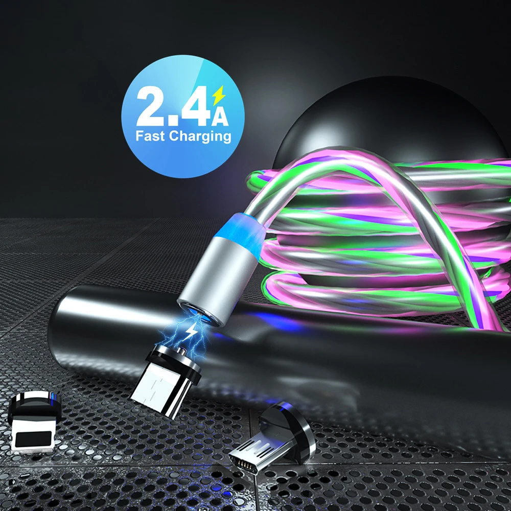 Магнитный кабель для быстрой зарядки Micro USB 1 м 2 iPhone X 7 Samsung A50 Type C светящийся магнит