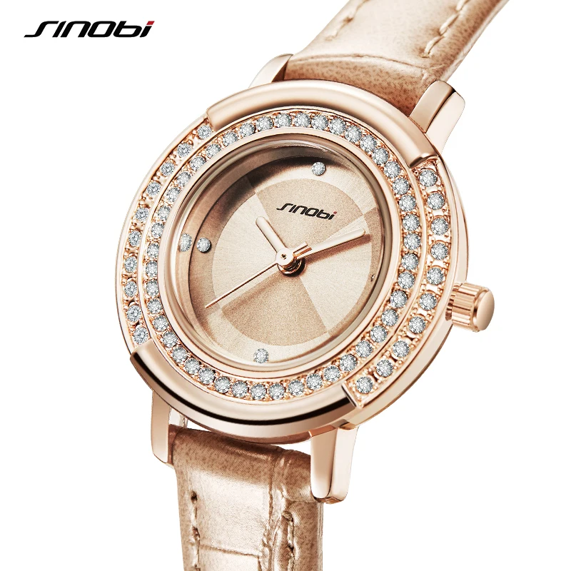 

SINOBI Luxury Golden Women Quartz Watches 28mm Shinning Dial Plate with Diamonds Fashion Leather Strap Lover Women Wristwatch