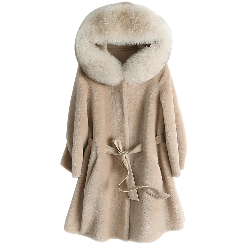 

Женская куртка из 100% шерсти с воротником из натурального меха лисы, осенне-зимнее пальто, женская одежда 2020, корейские топы из овечьей шерст...