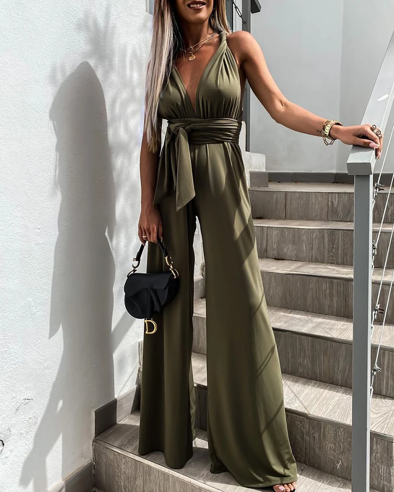 

Summer 2021 Women Crossed Back Long Wide leg Pants Rompers Women Plain V Neck Knotted Flared Jumpsuit Office Lady Overalls New