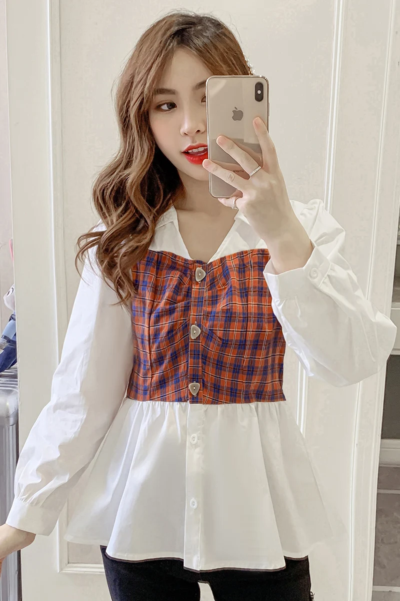 COIGARSAM Full Shirt Womens tops New Spring Plaid Loose Puff Sleeve Single Breasted V-Neck Women shirts Orange 9351
COIGARSAM Full Shirt Womens tops New Spring Plaid Loose Puff Sleeve Single Breasted V-Neck Women shirts Orange 9351